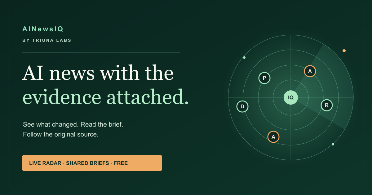 AINewsIQ share card showing a stylized radar and product message